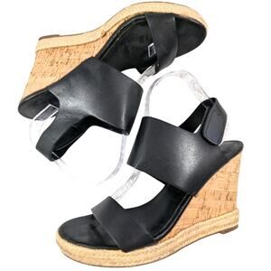 CHARLES DAVID! BLACK GENUINE LEATHER ESPADRILLE TRIM, CORK WEDGE HEELS! SZ 10M